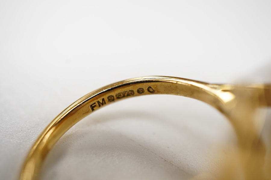 A citrine ring, circa 1973, claw-set with a step-cut citrine measuring approximately 19 x 15 x 11mm, mounted in 9ct gold, size M, British hallmarks, gross weight approximately 10 grams